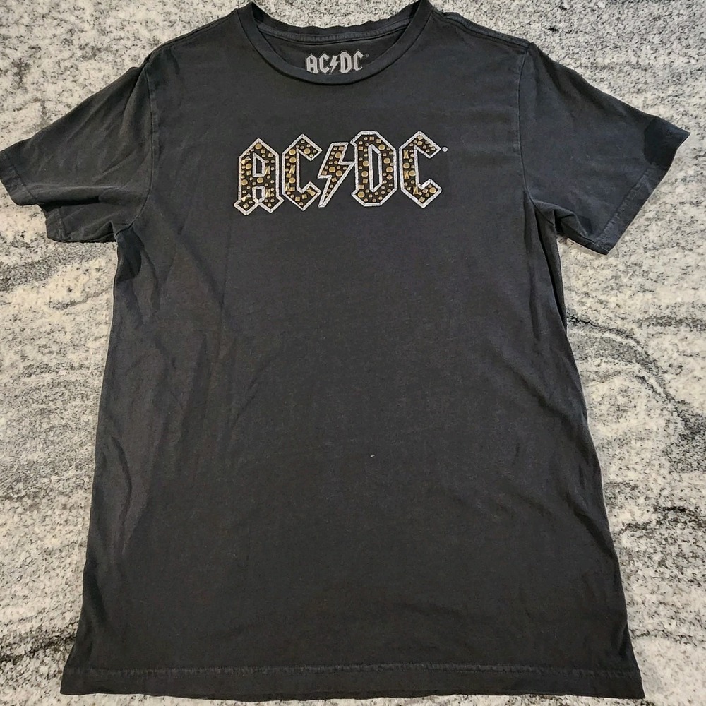 LUCKY BRAND ACDC SHIRT WOMENS MEDIUM BLACK‎ GOLD STUDS MUSIC ROCK CREWNECK